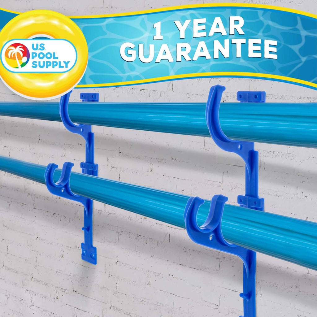 Blue plastic pool pole hanger with two long mounting bars and U-shaped hooks