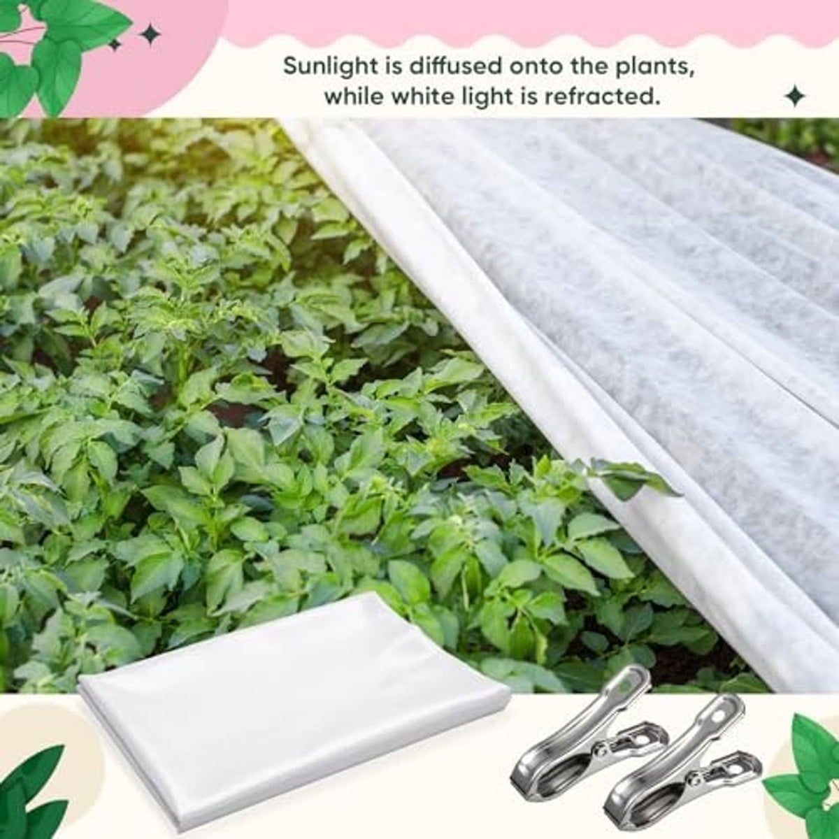White plant sun protection cloth draped over garden plants with metal clips
