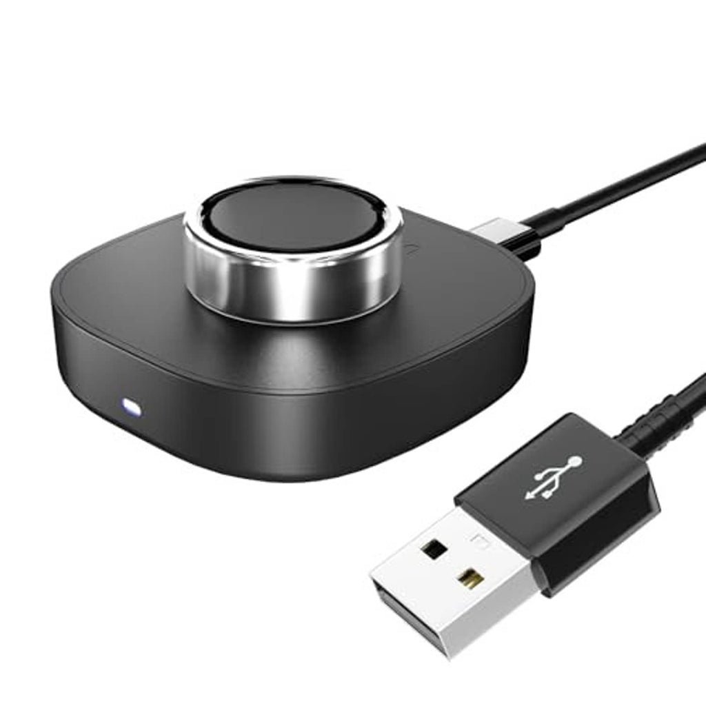 Matte black charging dock with circular top and USB-C cable