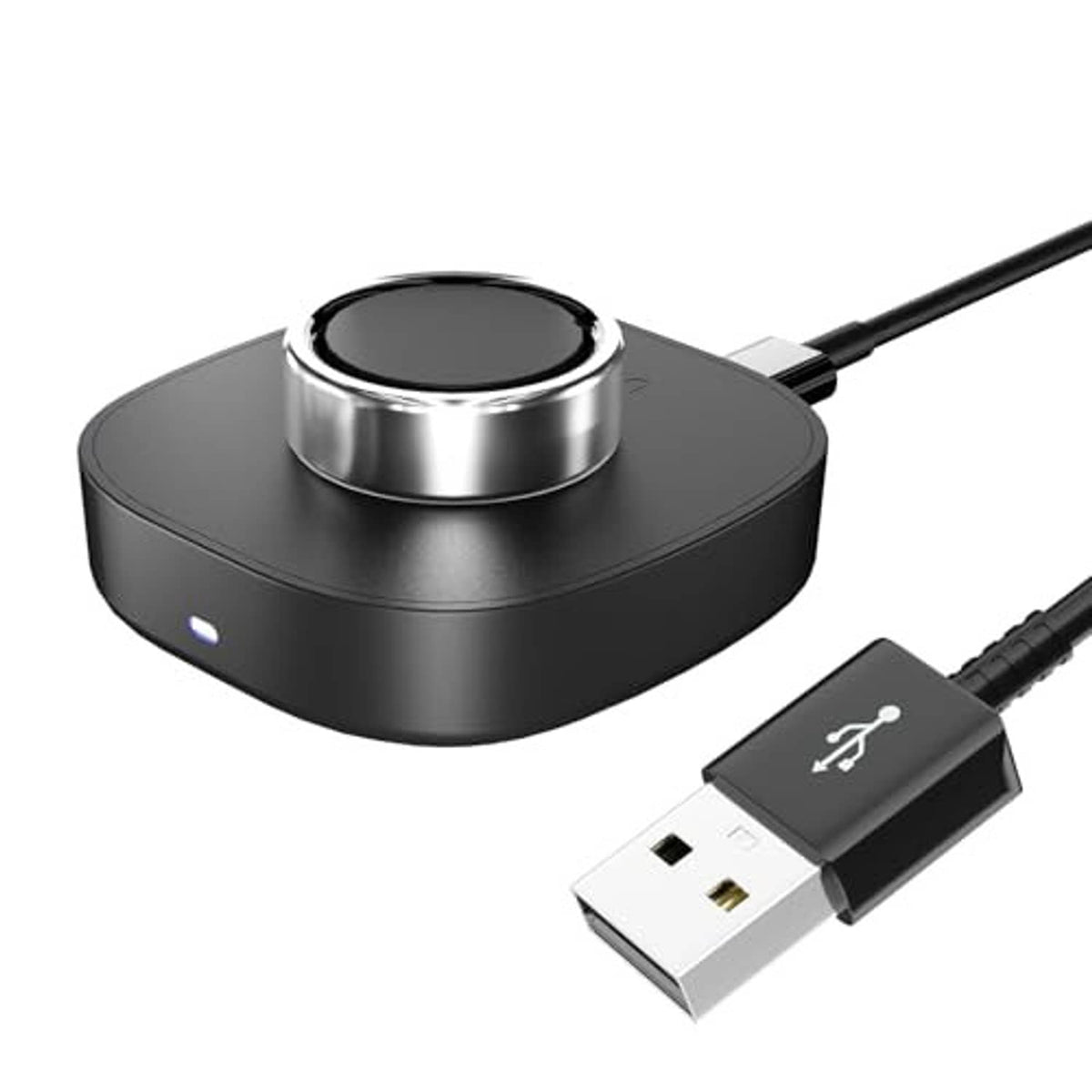 Matte black charging dock with circular top and USB-C cable