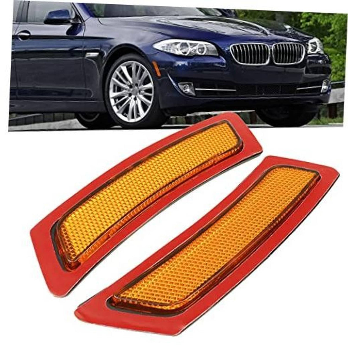 Amber front bumper side marker lights with red housing and rectangular reflectors