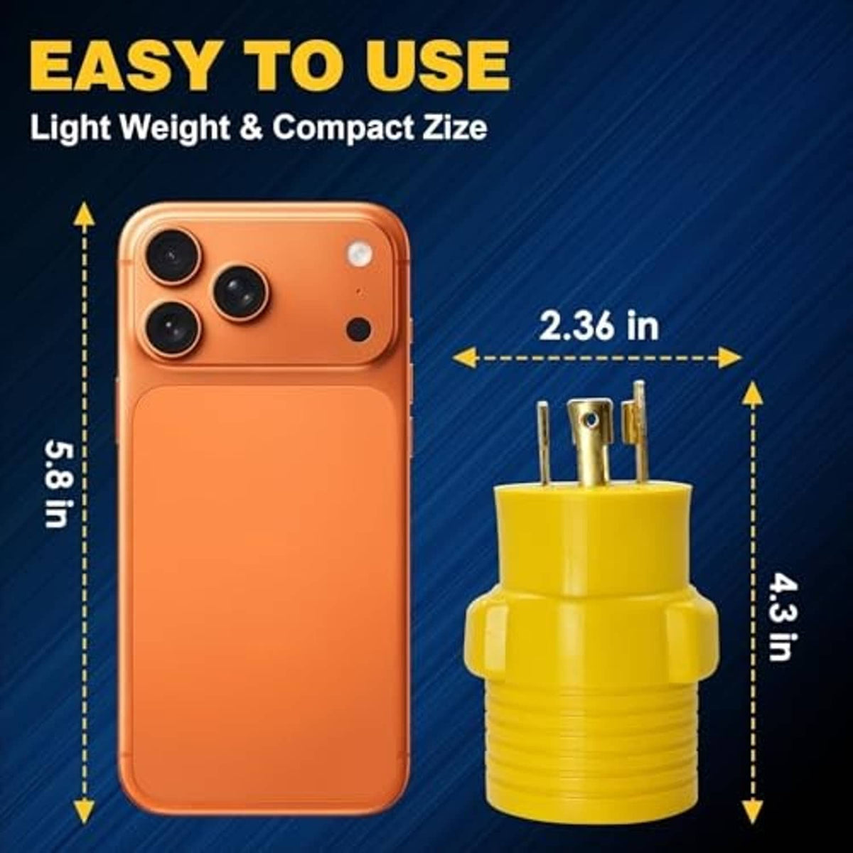Yellow compact generator-to-welder adapter plug with prongs and ribbed body