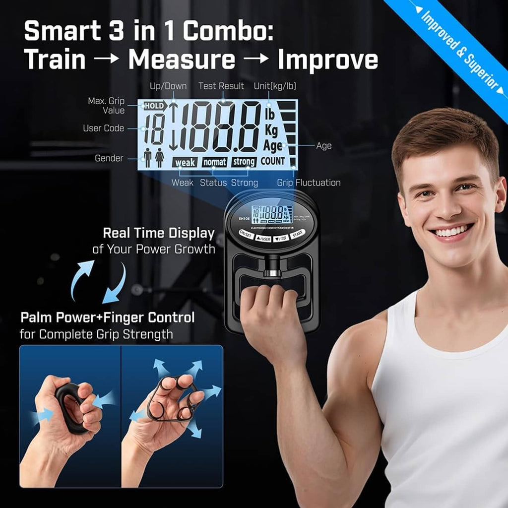 Electronic hand grip dynamometer with LCD readings, held by person, black.