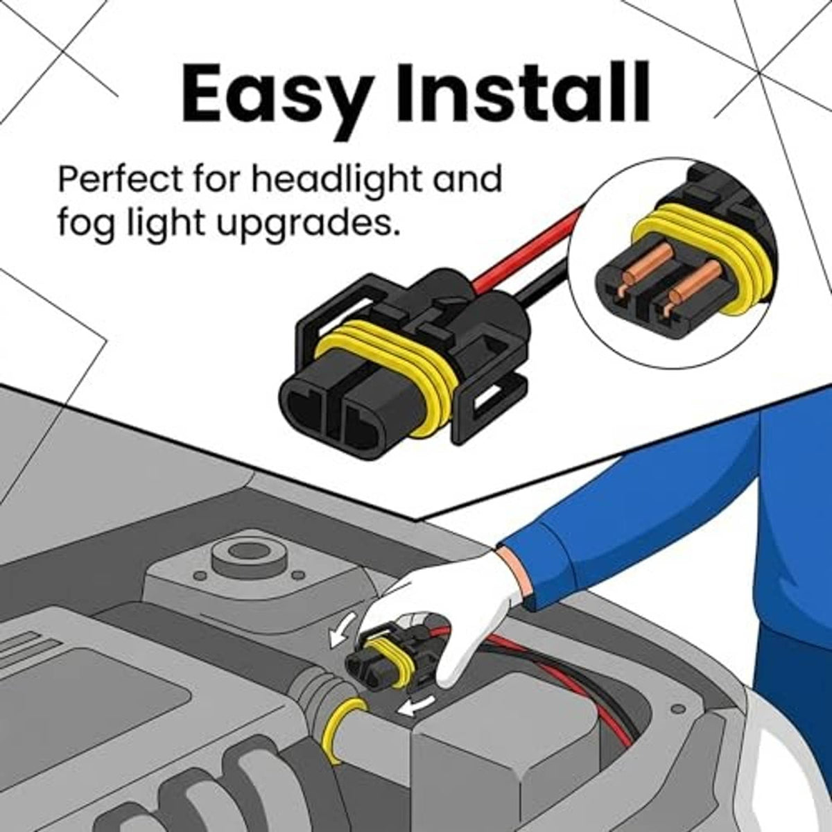 H11 headlight/fog wiring pigtail connectors with yellow latch, black housing, red/black leads