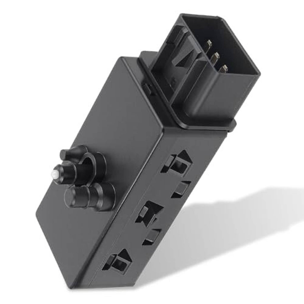 Power seat adjuster control switch, dark housing with side clips and connector ports