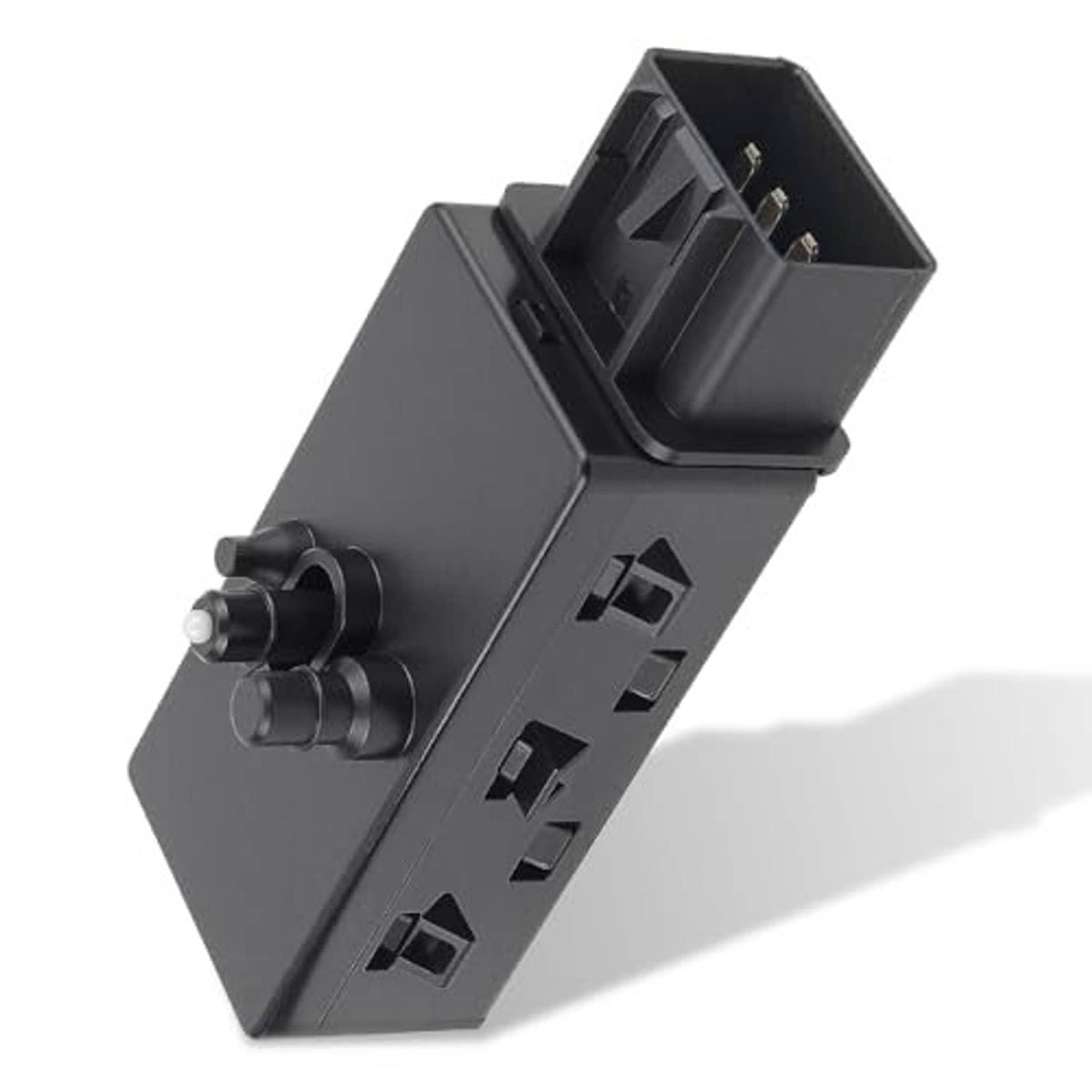 Power seat adjuster control switch, dark housing with side clips and connector ports