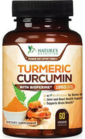 Turmeric curcumin supplement bottle, 1950 mg per serving, 60 veggie capsules