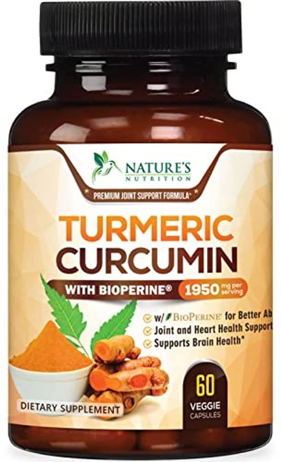 Turmeric curcumin supplement bottle, 1950 mg per serving, 60 veggie capsules