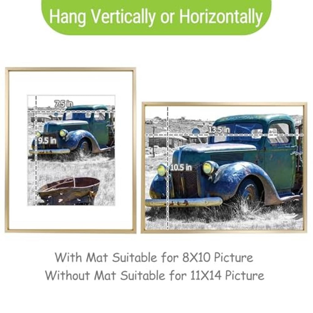 Gold picture frame with blue car photo, with size measurement overlay