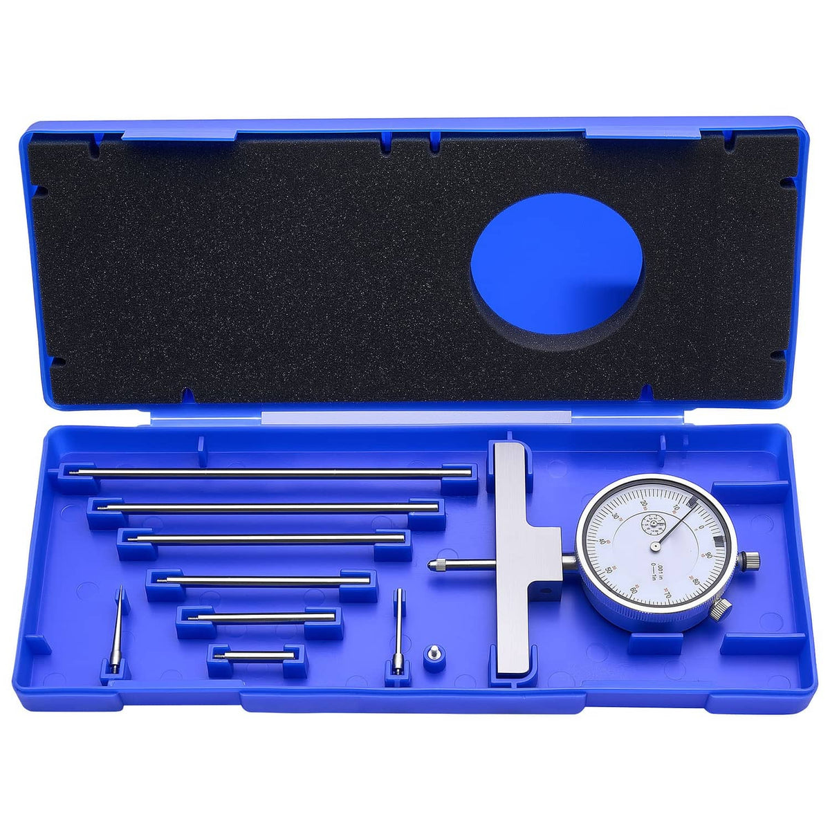 Depth gauge micrometer set laid out in blue case with dial gauge, rods, and anvil parts