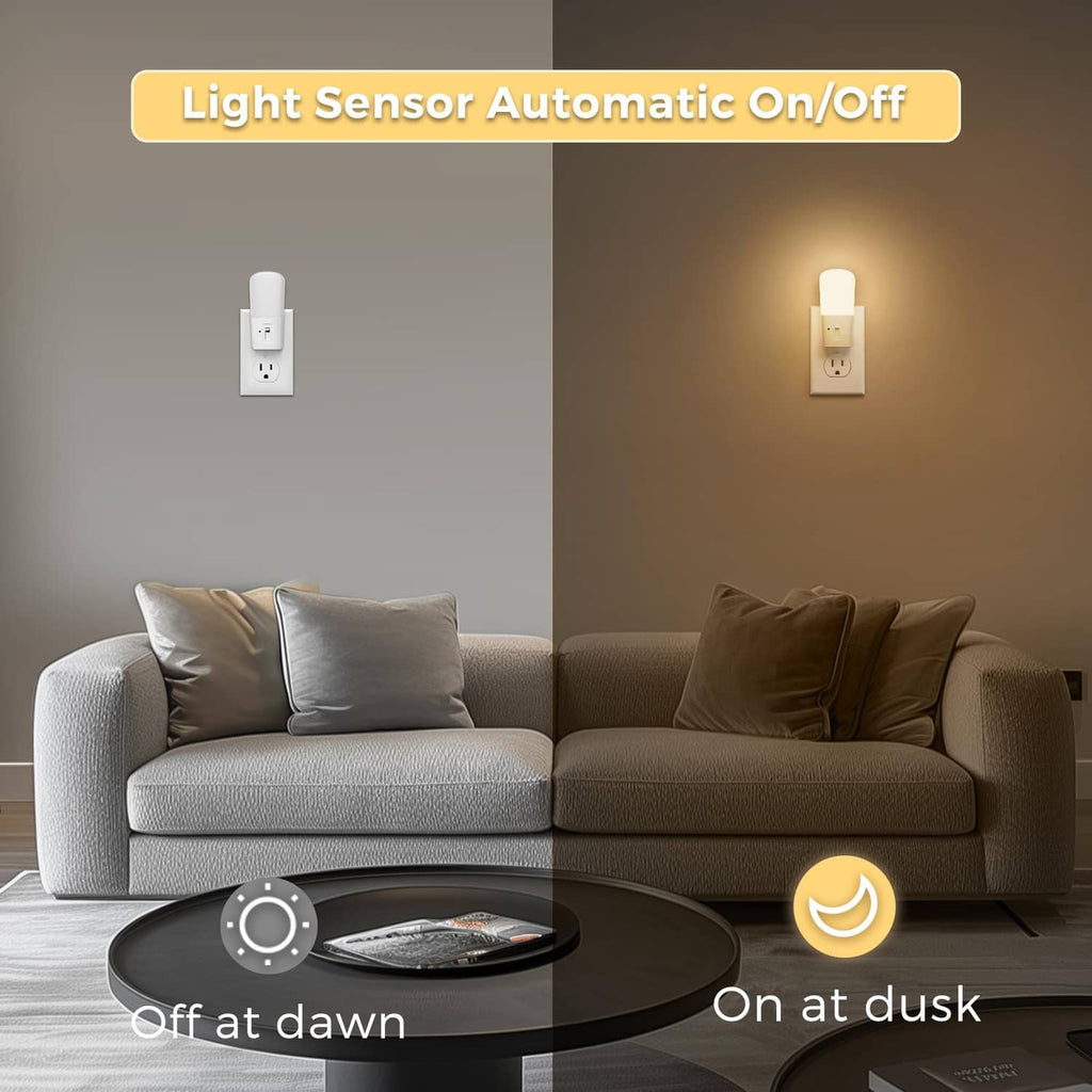 Pair of white plug-in LED night lights, one lit, for automatic on/off at dusk