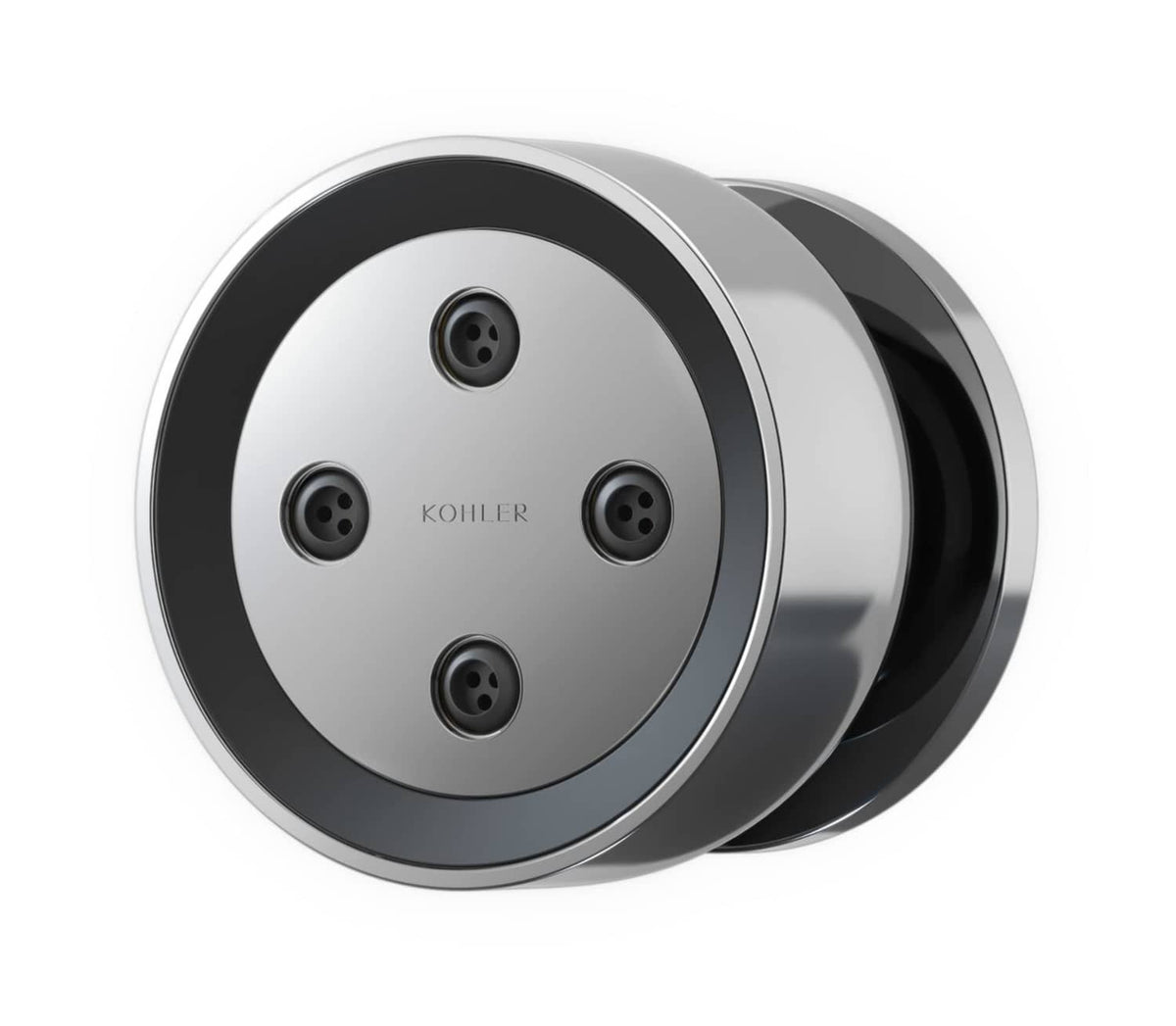 Polished chrome round body spray with angled face and four nozzle ports