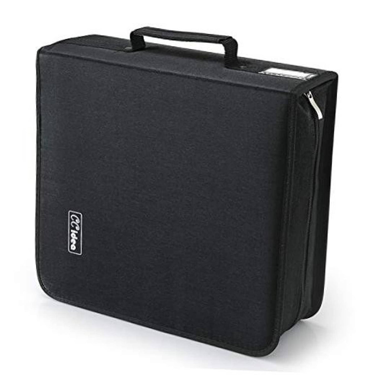 Black CD/DVD storage case with top handle and visible side zipper