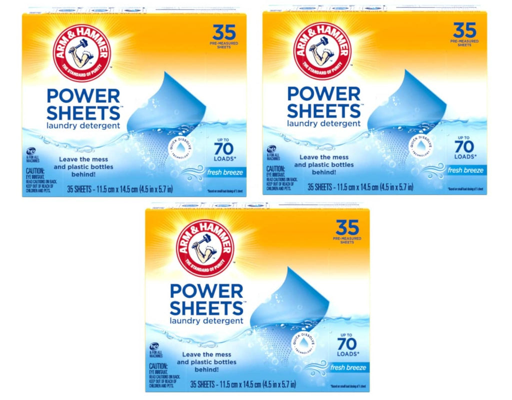Three Arm & Hammer detergent sheets boxes, Fresh breeze, 35-count pack