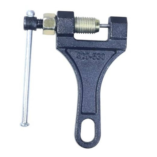 Compact chain breaker tool with dark frame, hex bolts, and long lever pin