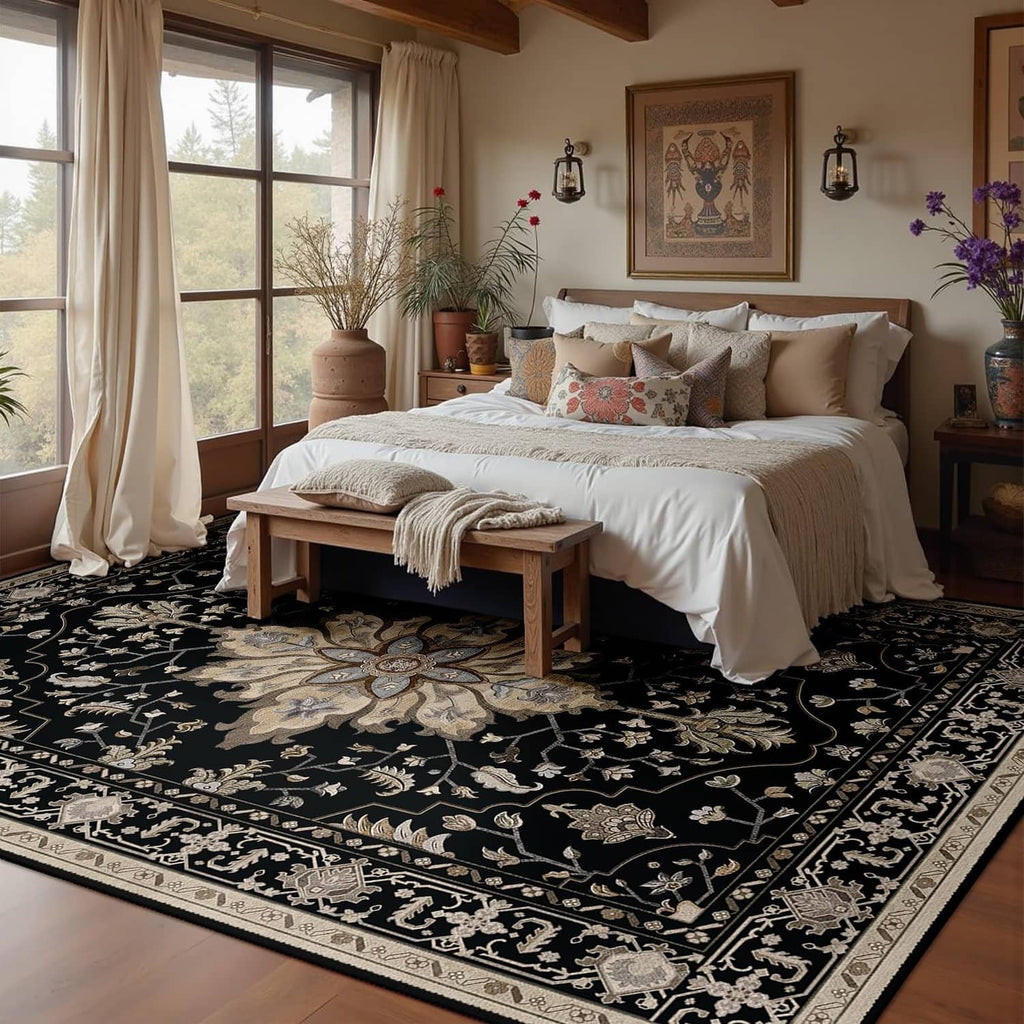 Black rectangular area rug with large beige floral medallion and vine accents