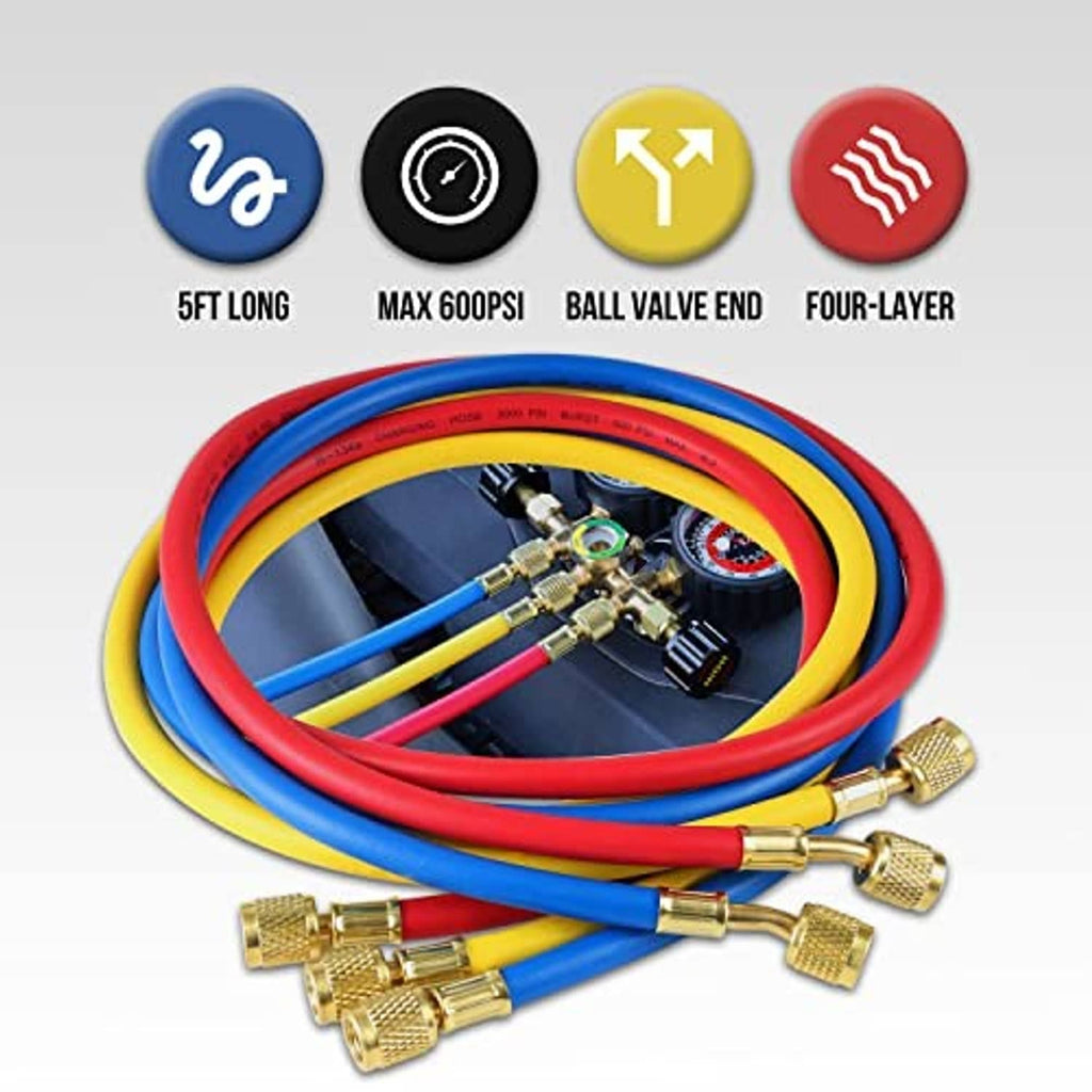 Color-coded A/C manifold hoses, 5 ft long, with brass fittings and ball valve ends