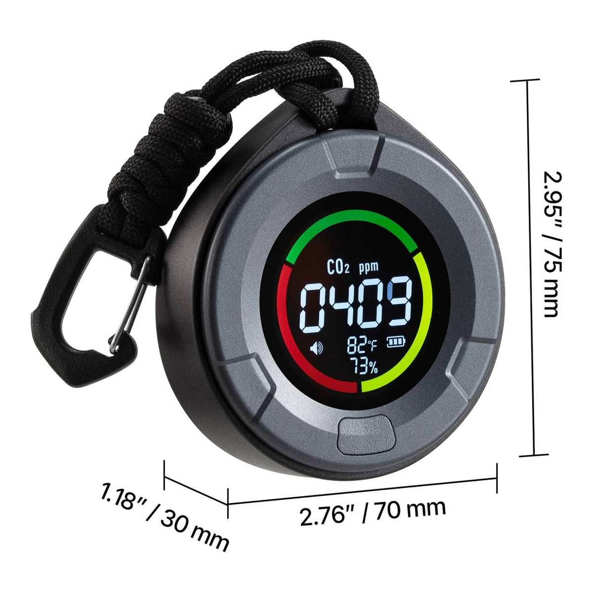 Carbon dioxide monitor and controller close-up with hanging strap and CO2 ppm display