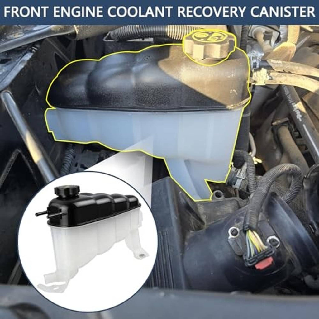 Engine coolant recovery canister with black cap installed in engine compartment