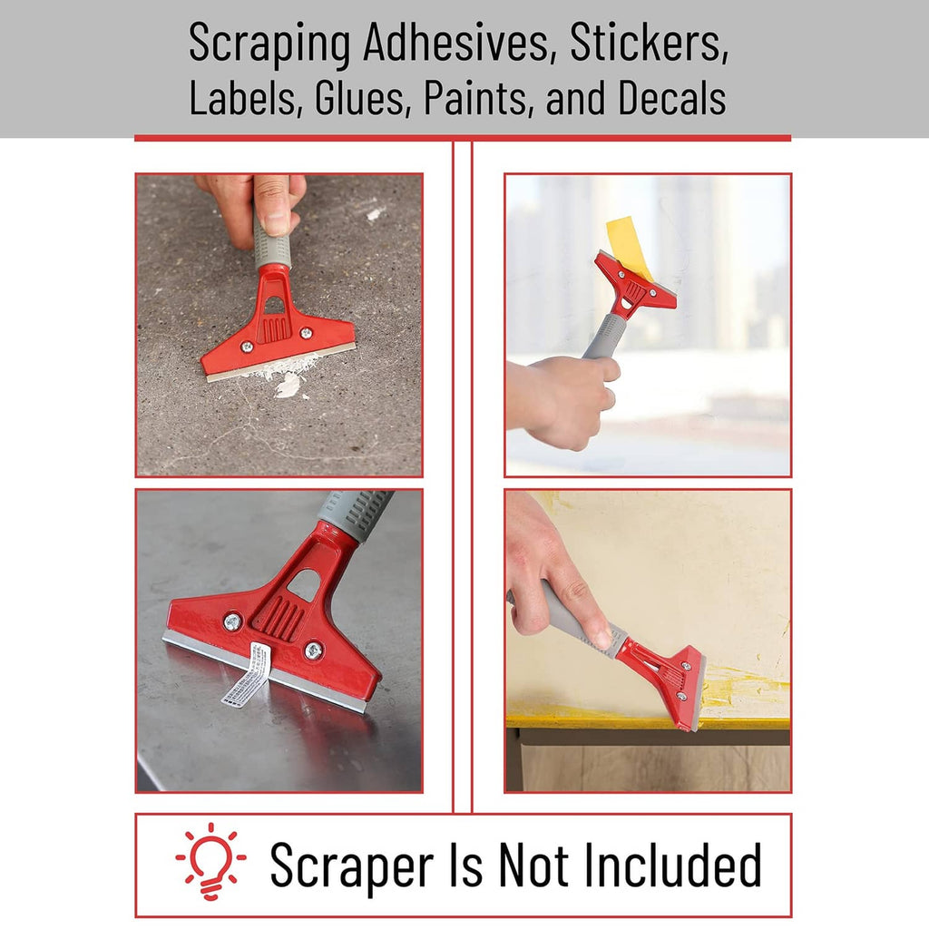 Stainless scraper blade on red handle for scraping adhesives, stickers, labels