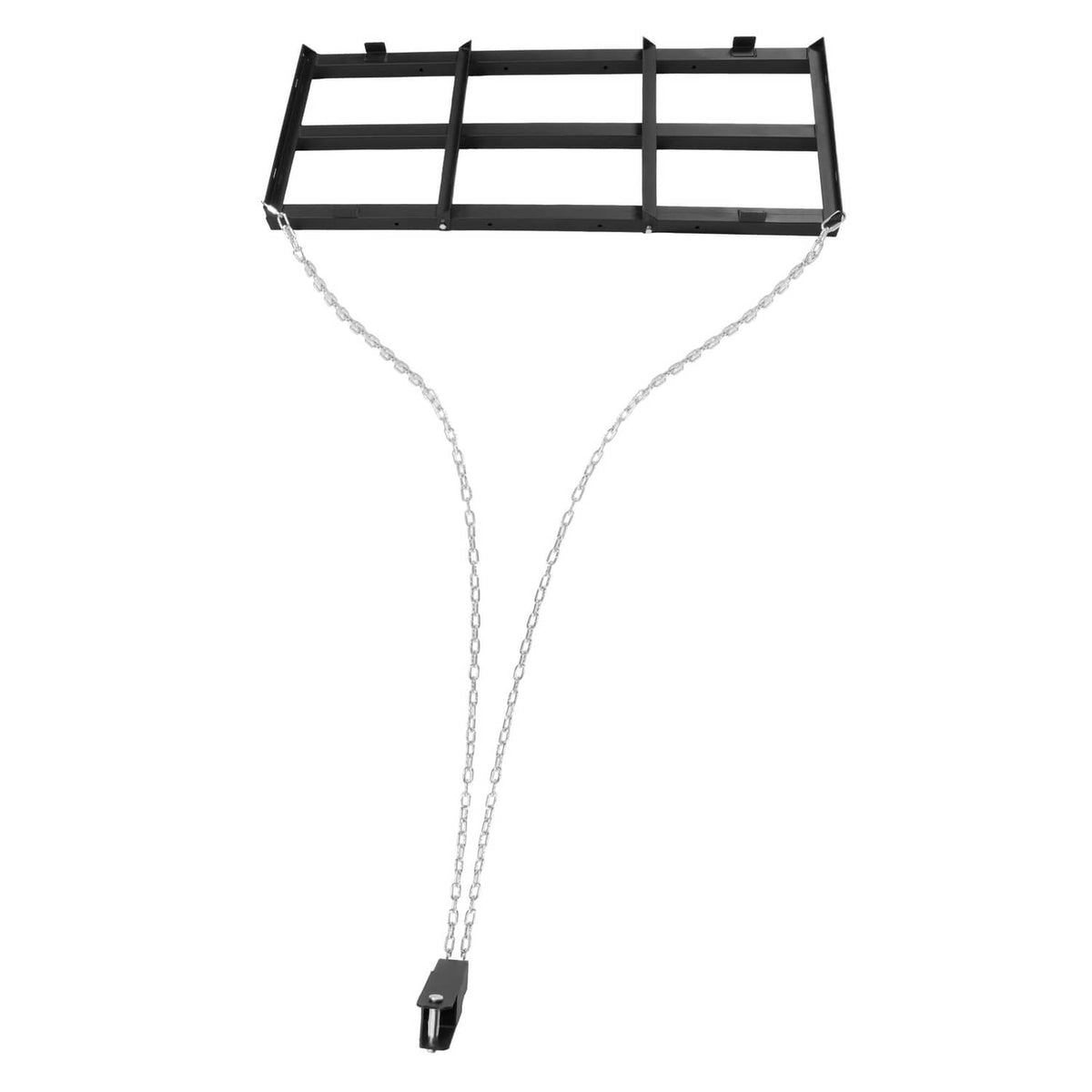 Tow-behind drag harrow frame with two chains and central hitch