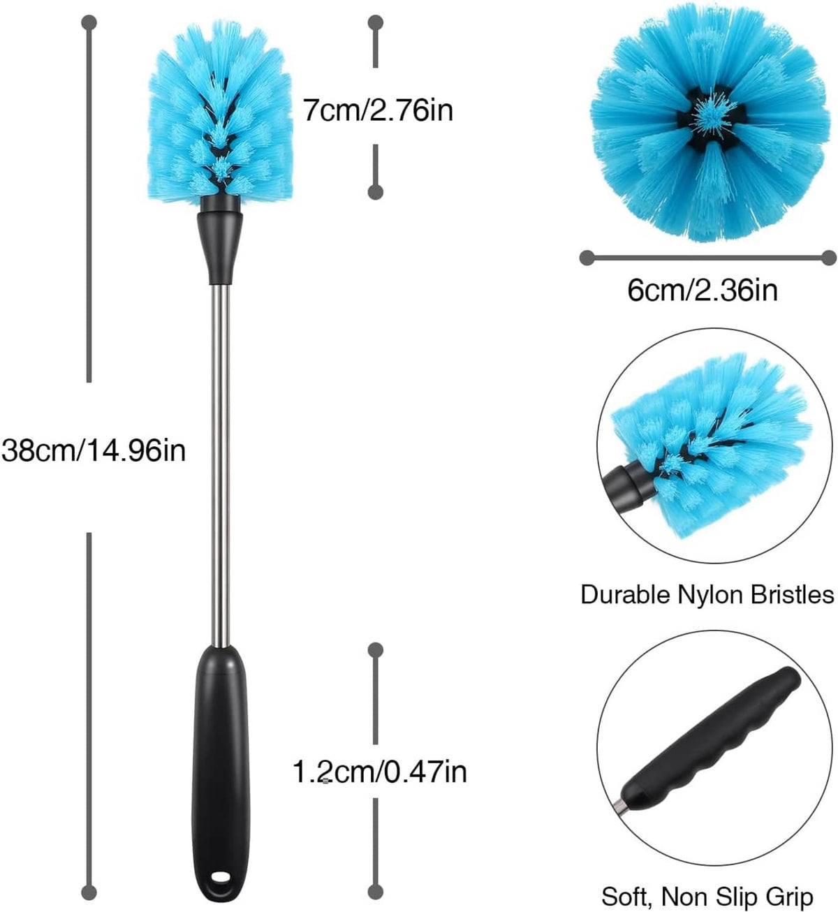 Bottle cleaning brush dimensions view: blue bristle head, stainless rod, black handle