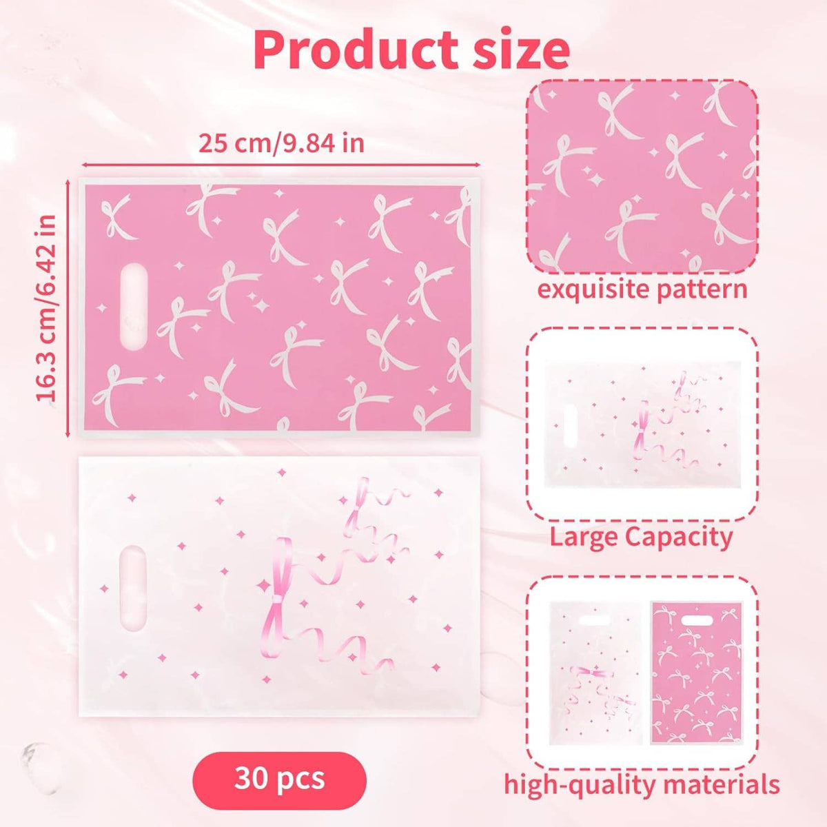 Pink and white bow-pattern gift bags with cutout handle, shown in two sizes