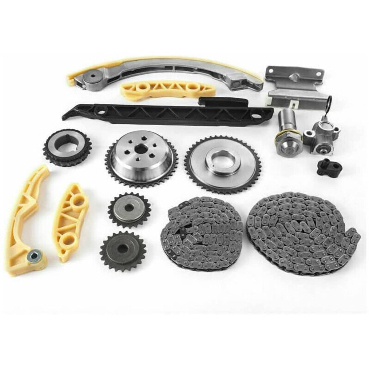 Timing chain kit with metal sprockets, yellow guide pieces, and chain hardware