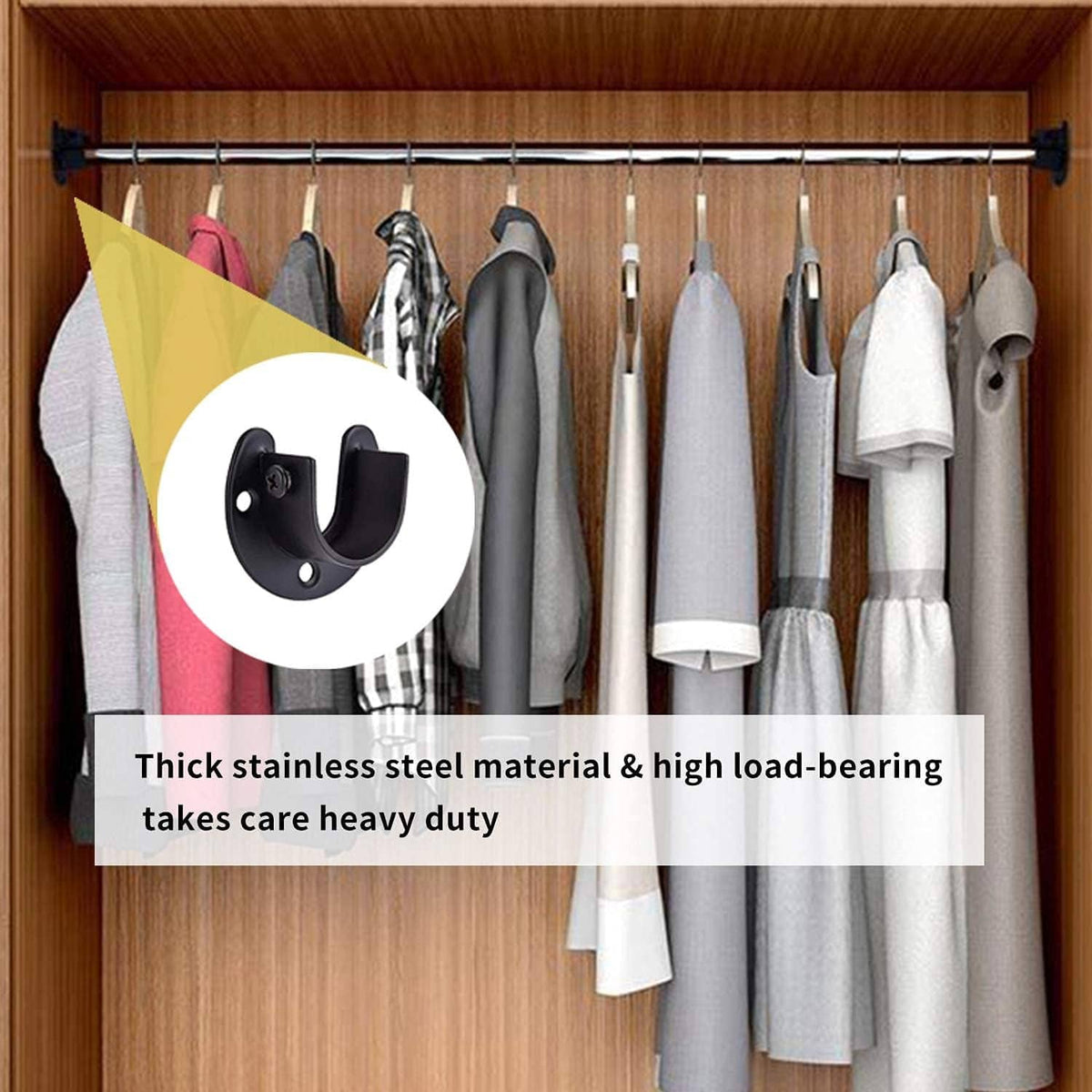 Black U-shaped closet rod bracket on a metal rod in a hanging closet
