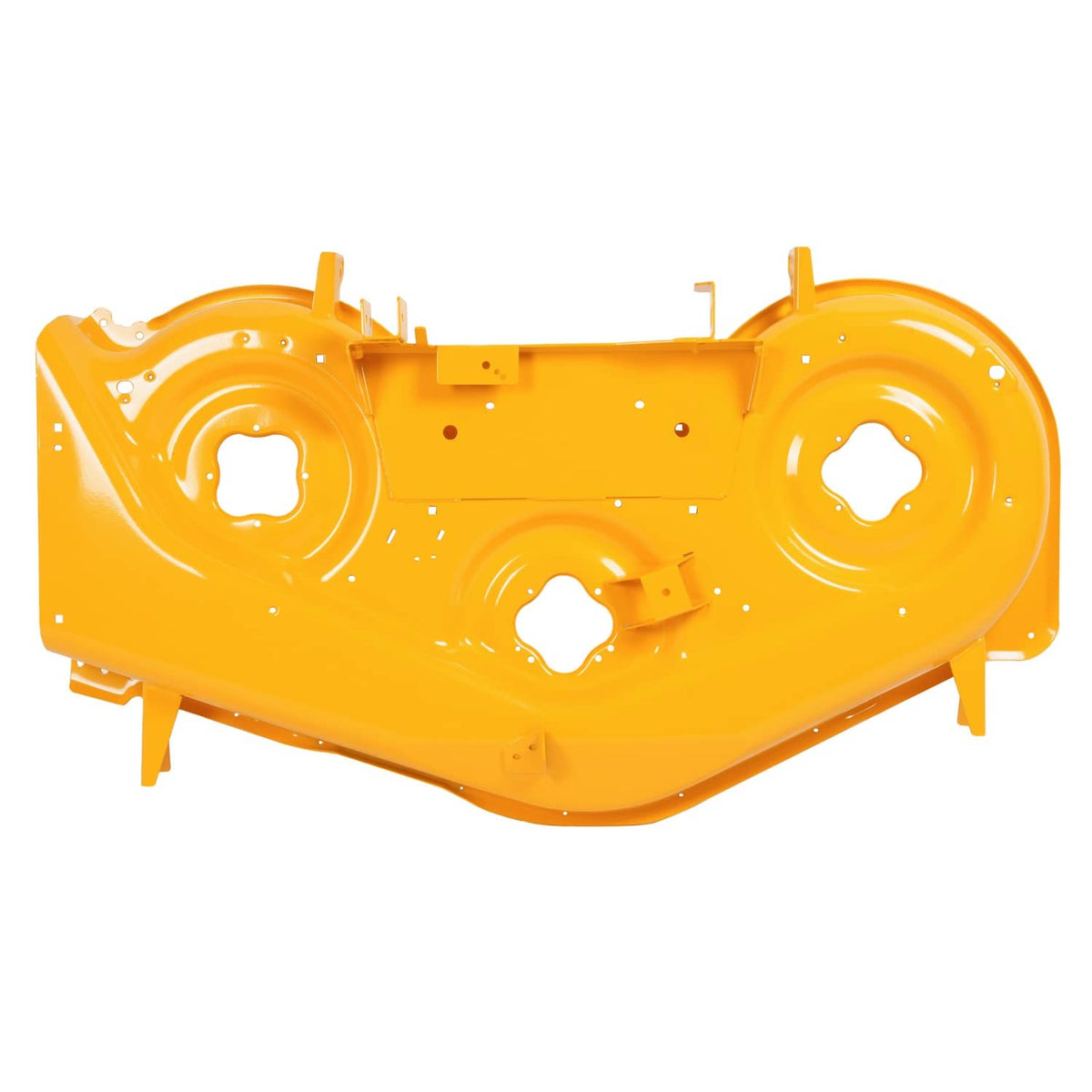 Yellow 50-inch mower deck shell panel with circular spindle openings