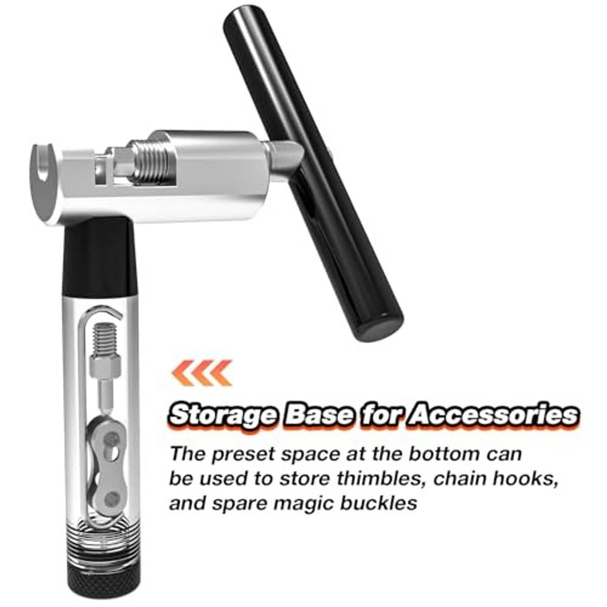 Bike chain breaker tool with built-in storage base for accessories