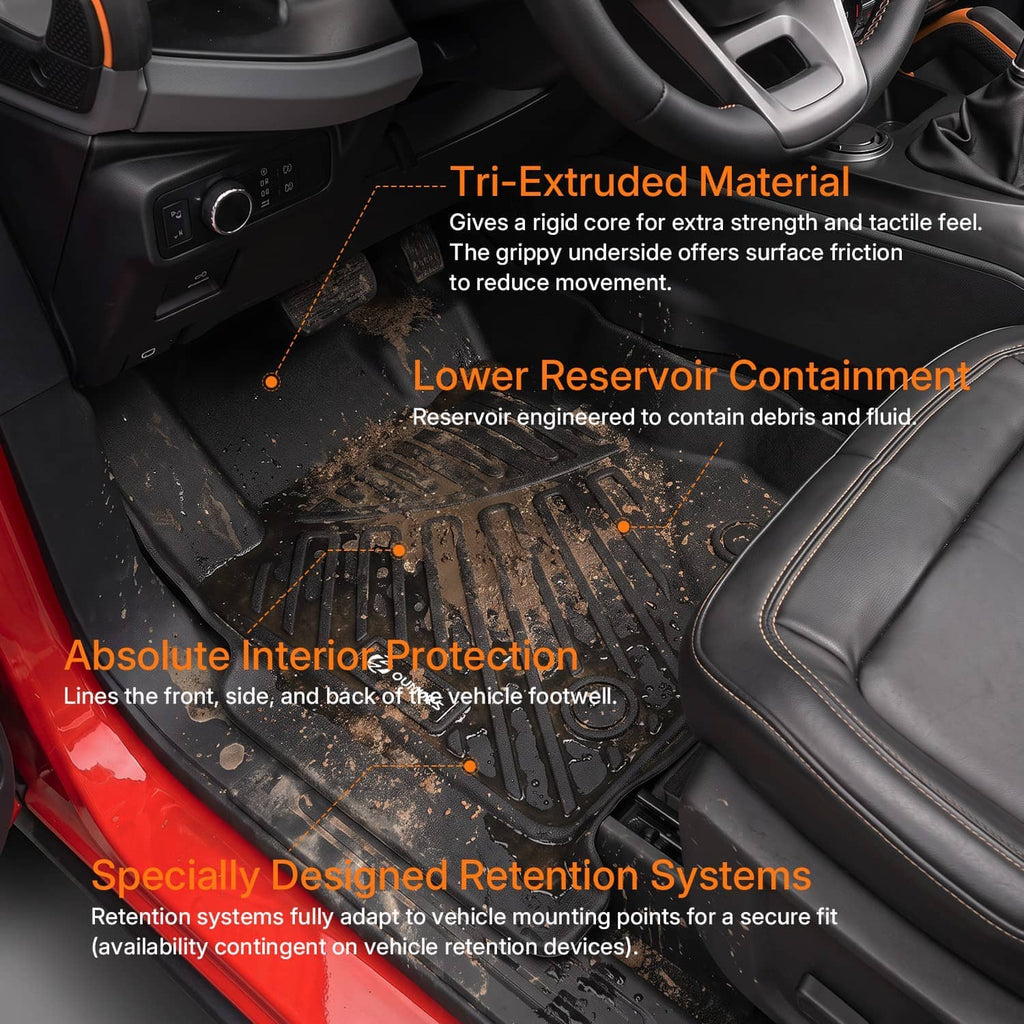 Black all-weather floor mats with textured channels for interior protection
