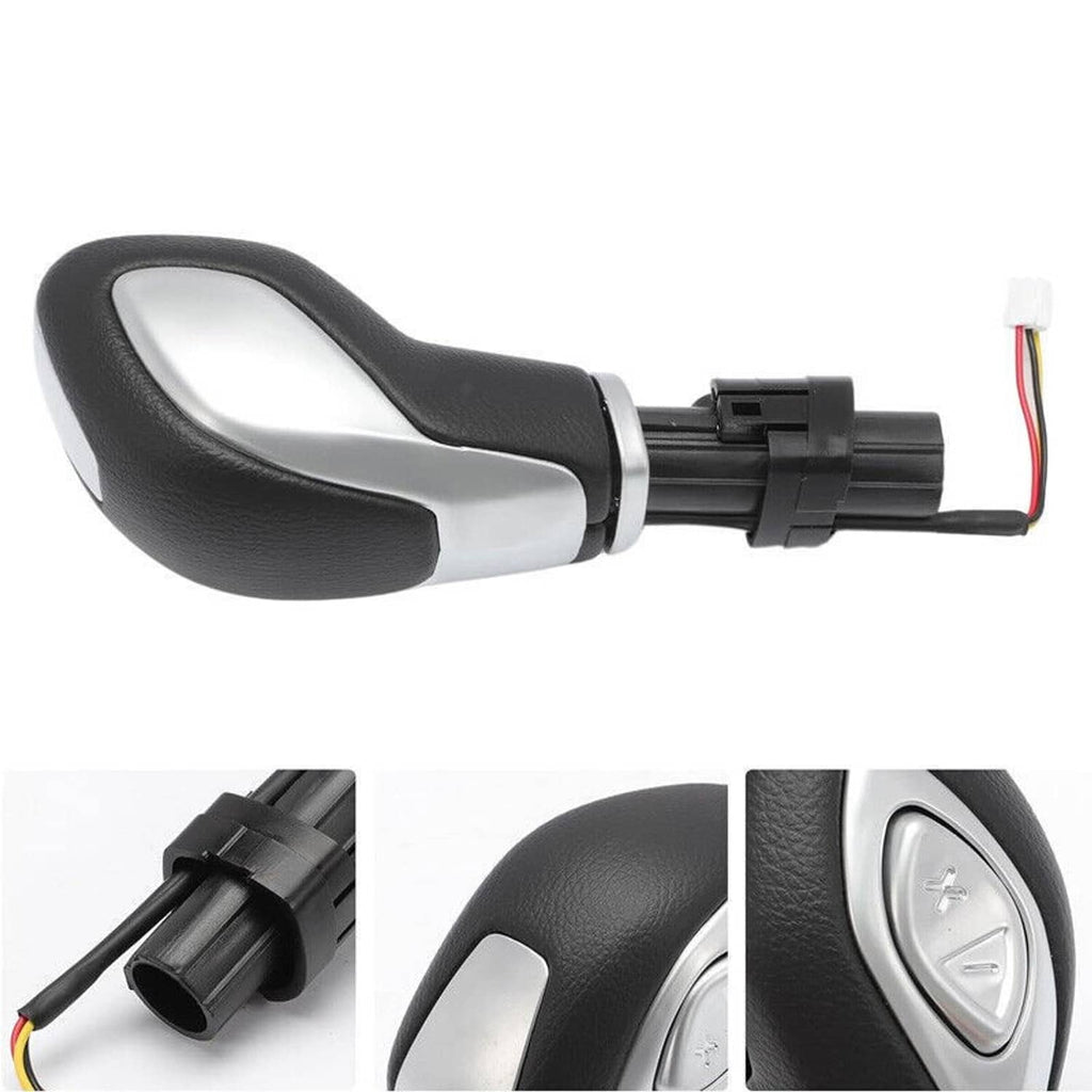Automatic gear shift lever knob with black textured grip and exposed wiring plug
