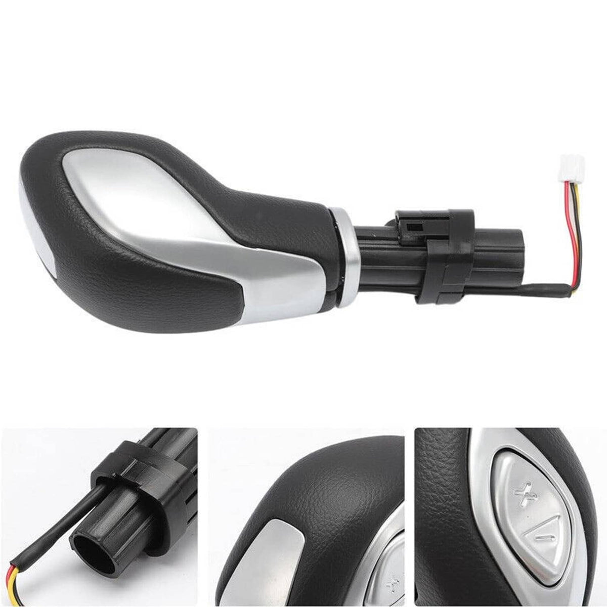 Automatic gear shift lever knob with black textured grip and exposed wiring plug