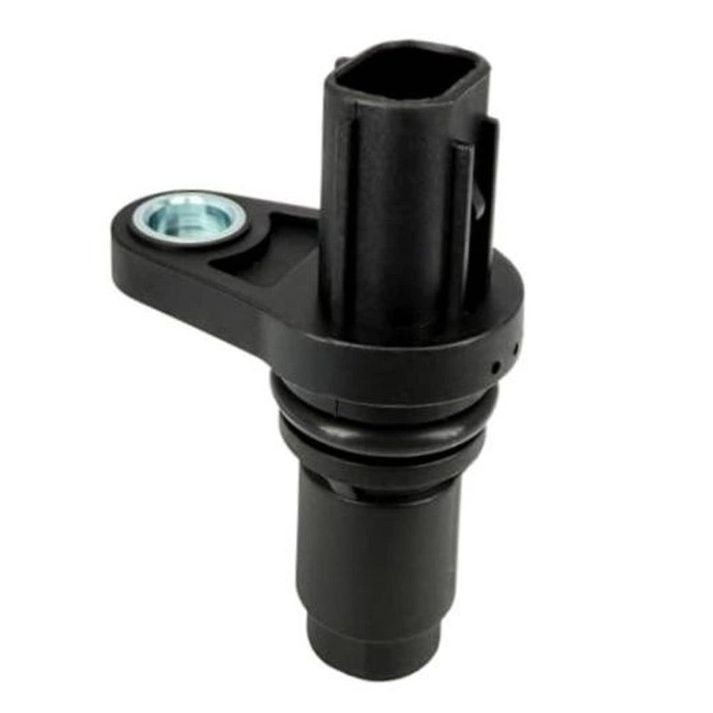Black camshaft position sensor with connector and mounting tab, metal and plastic housing