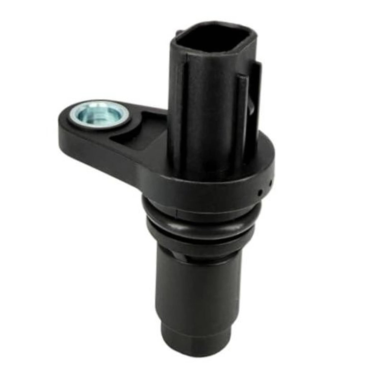 Black camshaft position sensor with connector and mounting tab, metal and plastic housing