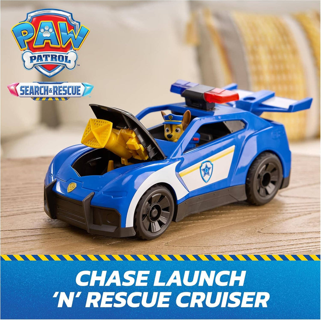 Paw Patrol blue rescue cruiser toy car with Chase figure and yellow launch drone