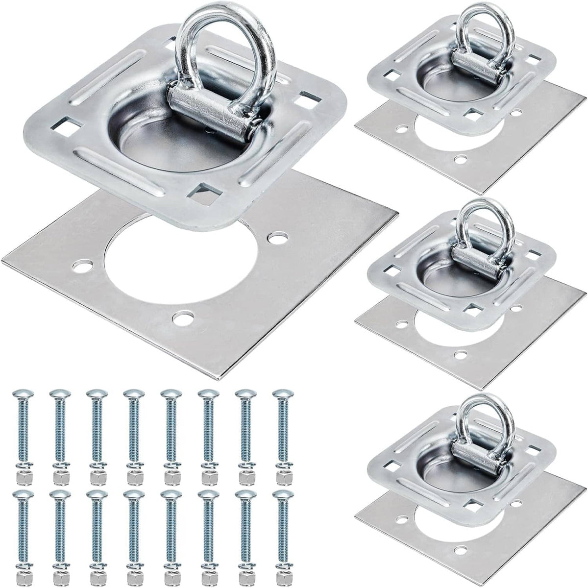 4-pack recessed D-ring tie-down anchor kit with steel mounting plates and D-rings