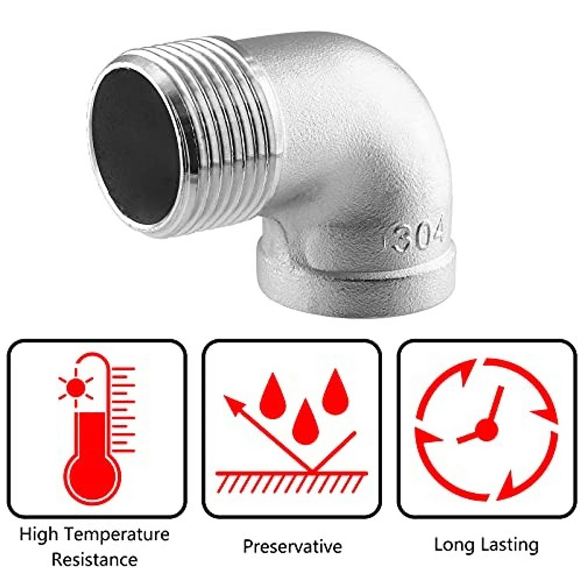 90-degree stainless steel elbow fitting with threaded NPT connections, marked 304