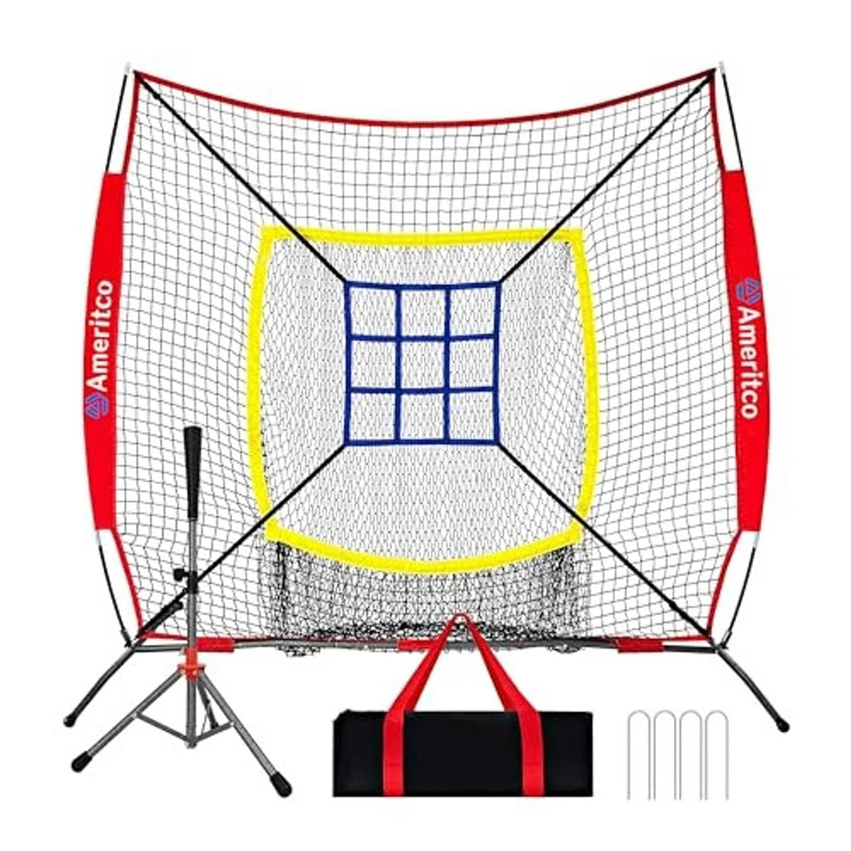 Baseball practice net with red frame, yellow target area and blue grid strike zone