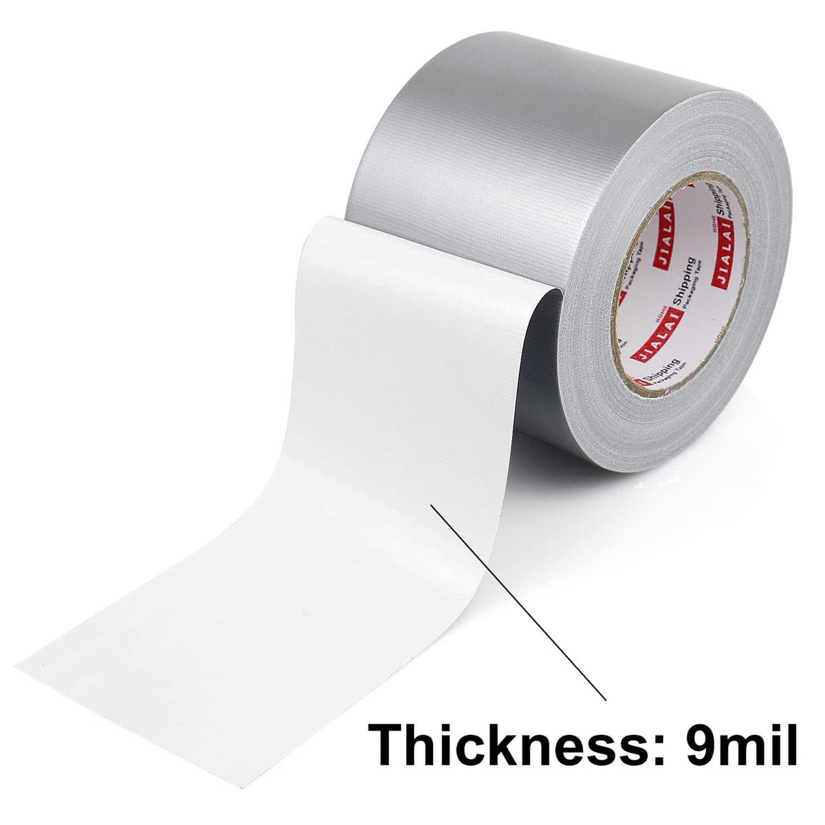Silver duct tape roll with dispenser strip and 9 mil thickness label.