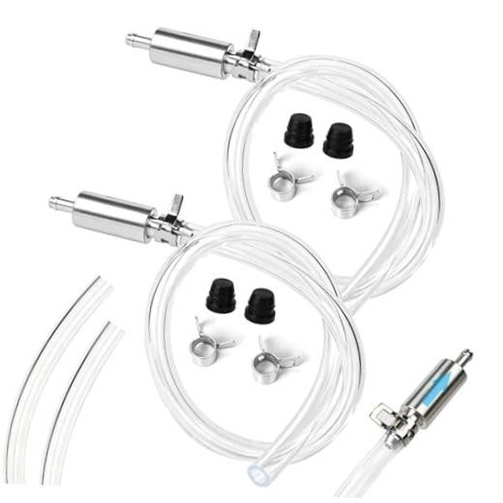 Brake bleeder hose kit with two clear hoses, aluminum valves, and black rubber caps