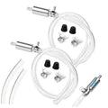 Brake bleeder hose kit with two clear hoses, aluminum valves, and black rubber caps