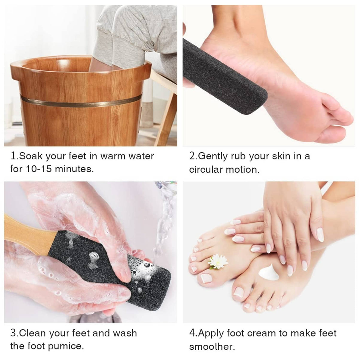 Dark abrasive foot scrubber pad on wooden handle, used to rub skin in circles.