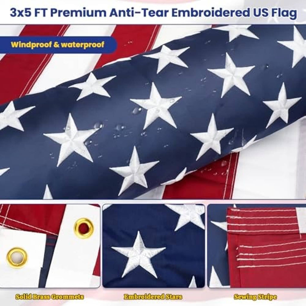 Embroidered American flag with blue star field and red striped fabric