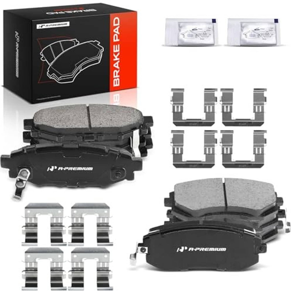 Ceramic front and rear brake pads set, showing two pads and metal clips