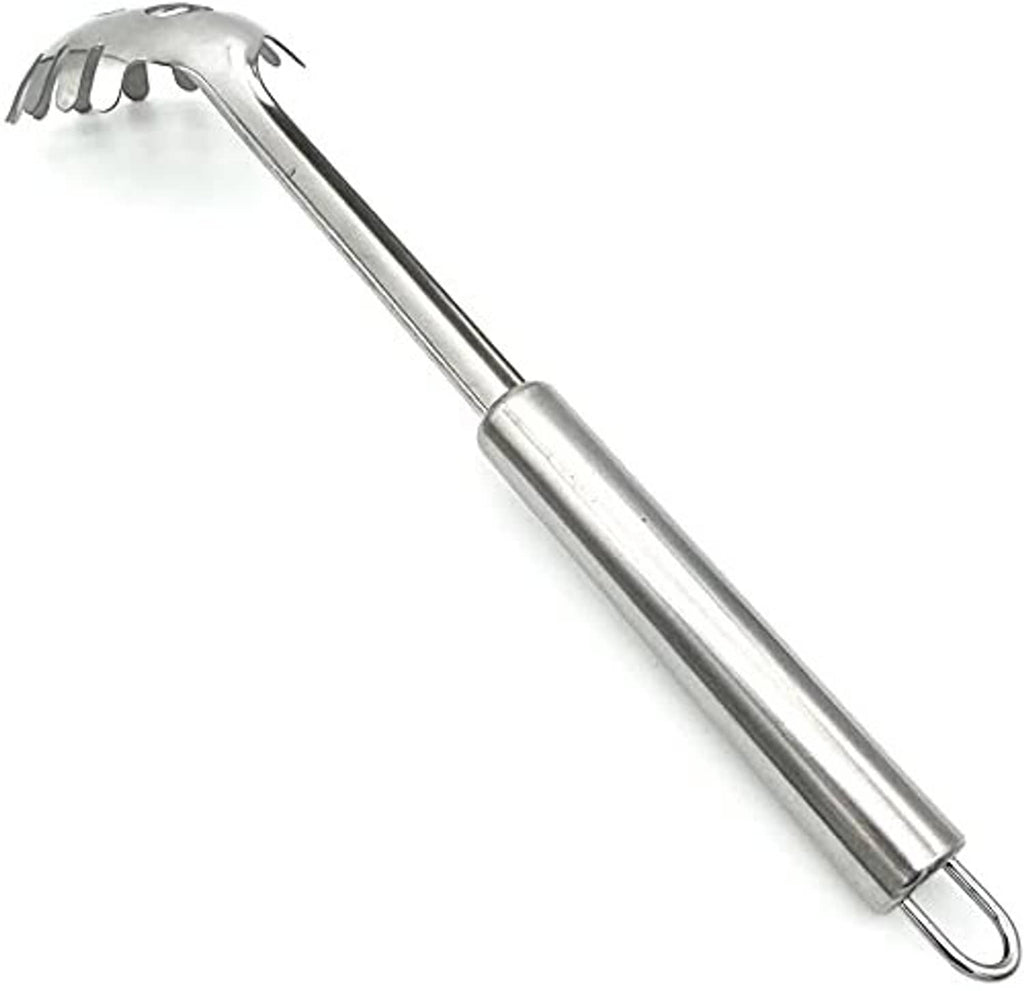 Stainless steel spaghetti server tool with spoked disk and long grip handle