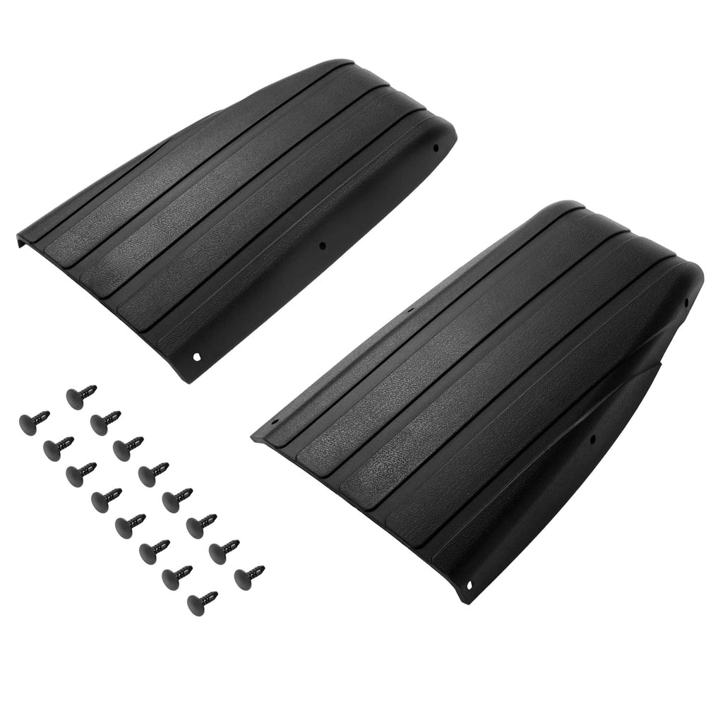 Two black ribbed scuff guards with rivets and mounting holes, laid out