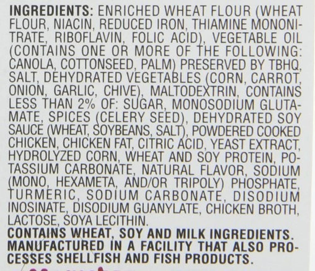 Ingredients list for ramen noodle soup, Hot & Spicy Chicken flavor, wheat flour and chicken