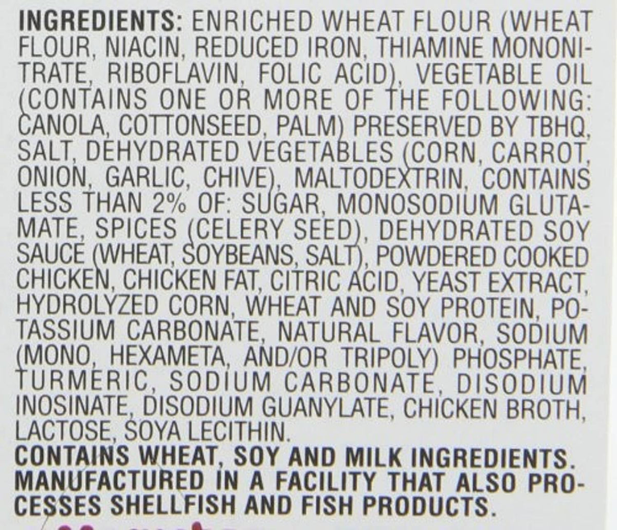 Ingredients list for ramen noodle soup, Hot & Spicy Chicken flavor, wheat flour and chicken